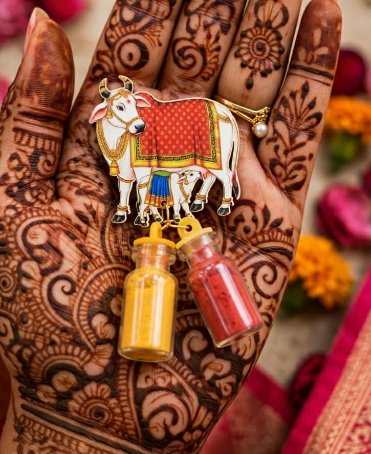 Pichwai Gomata with Vatsam Haldi Kumkum Bottle Holder - Cow and Calf MDF Haldi Kumkum for Pongal Return Gift